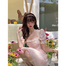 Load image into Gallery viewer, Women Pink Dress French Printing Lace Edge Puff Short Sleeve Casual Fashion Vintage High Waist Baggy Short Skirt Ladies Summer