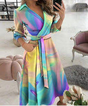 Load image into Gallery viewer, GODDESS spring and summer fashion new women&#39;s V-neck wave print long-sleeved loose and comfortable bright shirt dress