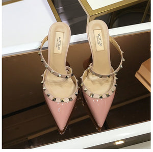 Real Leather Star Style Luxury Brand Rivet Women High Heel Summer Sandals Thin Heel Lady Wedding Shoes Pointed Toe Fashion Pumps