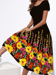 Summer Fashion Loose Casual Round Neck Short Sleeve Long Beach Retro Printed Long Skirt Big Swing Dress Oversize Dresses Women