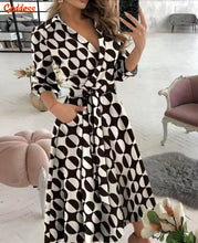 Load image into Gallery viewer, GODDESS spring and summer fashion new women&#39;s V-neck wave print long-sleeved loose and comfortable bright shirt dress