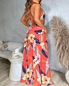 Sexy Deep V Neck Floral Print O-Ring Halter Backless Maxi Dress Women 2022 Summer Fashion New Sleeveless High Slit Dresses
