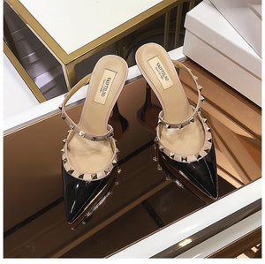 Real Leather Star Style Luxury Brand Rivet Women High Heel Summer Sandals Thin Heel Lady Wedding Shoes Pointed Toe Fashion Pumps