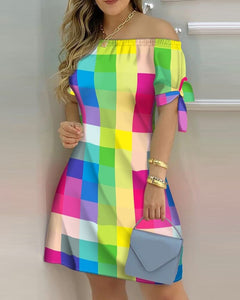 Women Printed Short Sleeve Dress Sexy Off Shoulder Mini A-line Dresses Summer Slash Neck Loose One Piece Dress Plus Size Female