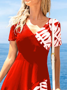 Summer New Fashion Digital Printing Stitching Short-sleeved Long Dress V-neck Ladies Long Dress Banquet Women Clothing Dresses