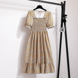 Summer Pleated Women Chiffon Dresses Casual Beach Holiday Short Sleeve Square Collar Woman Midi Dress Bohemian Mujer Vestidos