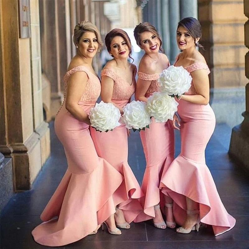 Sexy V-Neck Pink Bridesmaid Dress 2022 Mermaid Lace Appliques Wedding Party Gowns Floor Length Maid Of Honor Dress Custom Made