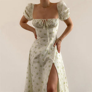 New Women's Short Sleeve Puff Sleeve Square Neck Printed Slit Maxi Dress