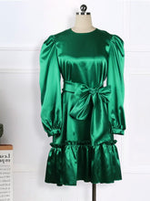 Load image into Gallery viewer, Women Loose Dresses With Bowtiw Scarf O Neck Long Lantern Sleeves Ruffles Pleated African Large Size Lady Female Vestidos Robes