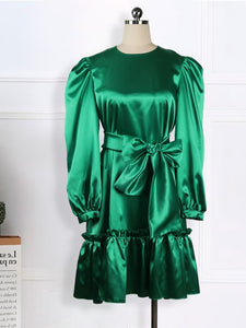 Women Loose Dresses With Bowtiw Scarf O Neck Long Lantern Sleeves Ruffles Pleated African Large Size Lady Female Vestidos Robes