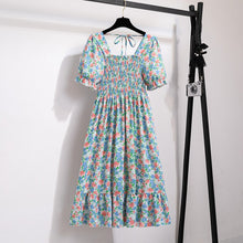 Load image into Gallery viewer, Summer Pleated Women Chiffon Dresses Casual Beach Holiday Short Sleeve Square Collar Woman Midi Dress Bohemian Mujer Vestidos