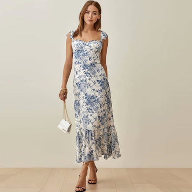 2022 Summer New Lace Up Bowknot Spaghetti Strap High Waist French Vintage Printed Ruffle Camisole Dress Female Fashion