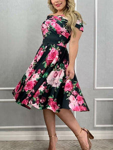 Sexy Wrap Cross Off Shoulder Party Dresses Elegant Short Sleeve Loose Pleated Dress Women Fashion Flower Print Slim A-Line Dress
