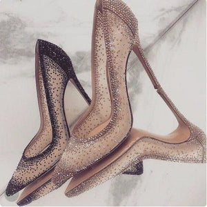 Sexy Mesh Rhinestone Patchwork High Heel Shoes Champagne Glittering Heels Pumps Bling Bling Crystal Wedding Dress Shoes Bride