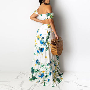 Tropical Printed Dress Suits Tie Front Tube Top Slit Maxi Skirt