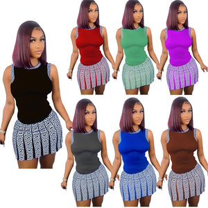 2022 Summer Two Piece Set Women Fashion Round Neck T Shirt Labyrinth Print Short Skirt Suit Casual Two Piece Set  Women