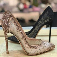 Load image into Gallery viewer, Sexy Mesh Rhinestone Patchwork High Heel Shoes Champagne Glittering Heels Pumps Bling Bling Crystal Wedding Dress Shoes Bride