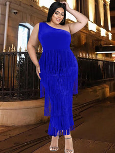 Plus Size Dresses Elegant Chic Tassel Summer Sleevleess Evening Party Dress for Women Fashion One Shoulder Boacyon African Dress