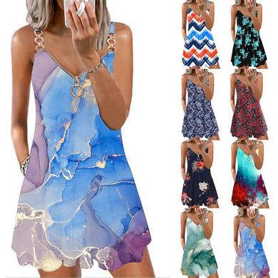 Fashion Print Zipper Party Vest Dress Women New Sexy Summer Casual Backless V Neck Elegant Oversize Loose Sleeveless Sling Dress