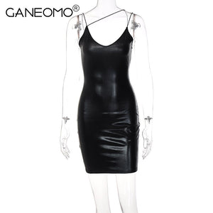 Sexy Pu Leather Bodycon Mini Dress Women Elegant Spaghetti Strap Tight Party Slip Dresses 2022 Summer Y2K Black Red Club Outfits