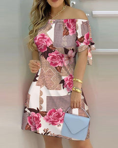 Women Printed Short Sleeve Dress Sexy Off Shoulder Mini A-line Dresses Summer Slash Neck Loose One Piece Dress Plus Size Female