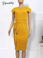 Load image into Gallery viewer, Yellow Elastic Dress Large Size Ladies Women Bodycon Dresses Office Ladies Work Waist Belt Modest Classy African Fashion XXXL XL