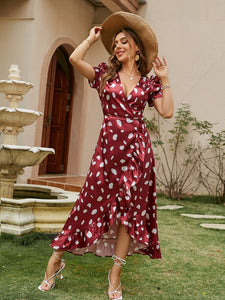Summer High Waist Printed Fashion Elegant Slit Short Sleeve Commuter Pastoral Dress Office Lady Sexy Party  Dress for Women