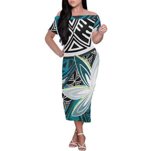 Custom Hawaiian Style Printed Long-Sleeved Polyester Dress Beach Party 2021 Plus Size Ladies Simple Dress Off-Shoulder 1
