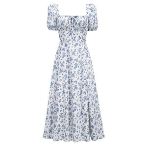 Summer Fashion Female Printed Floral short Sleeve Vintage A-line Midi Dress Chiffon Dress Women Casual Dresses