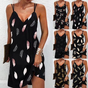 Sexy V Neck Straps Dress Women Summer Fashion Feather Printed Mini Dresses Female A-Line Party Beach Dress Women Robe Vestidos