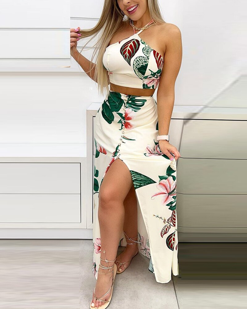 Women's Summer Spring Halterneck Printed Short Top Skirt Suit Clothes Set Sleeveless Floral Sexy Fashion Casual Skirt