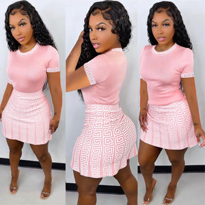 Spring Summer Two Piece Set Women Fashion Round Neck Long-sleeved Tshirt Labyrinth Print Short Skirt Suit Casual Two Piece Set W
