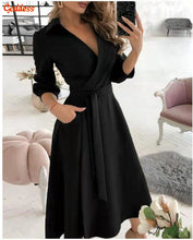 Load image into Gallery viewer, GODDESS spring and summer fashion new women&#39;s V-neck wave print long-sleeved loose and comfortable bright shirt dress