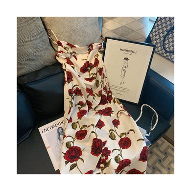 2022 Summer Midi Dress Women Sexy Elegant Rose Floral Print Spaghetti Strap Beach Party Dresses French Fashion Vestidos