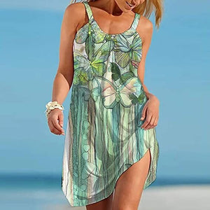 Vintage Pattern Print Midi Dress Womens Fashion Summer Strap Beach Dress Bohemian Sleeveless lady Party Dresses Elegant Sundress