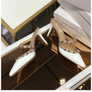 Real Leather Star Style Luxury Brand Rivet Women High Heel Summer Sandals Thin Heel Lady Wedding Shoes Pointed Toe Fashion Pumps