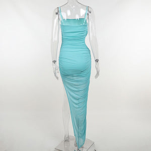 Mesh Maxi Dress Sexy Hollow Spaghetti Straps Bodycon Party Dresses for Women 2022 Summer Blue High Split Evening Club Outfits