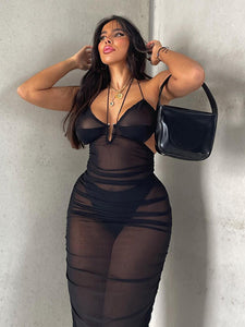 Stacked Women Mesh See Though Long Dress Bandage Bodycon Night Club Sexy Spaghetti Strap V-neck Midi Ruched Dresses 2022 Summer