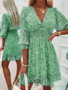 Vintage Women V-neck 5-Sleeve Bohemian Dress 2022 Spring And Summer Casual Printing Party Miniskirt Women fashion Beach Dress