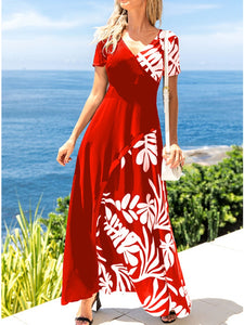 Summer New Fashion Digital Printing Stitching Short-sleeved Long Dress V-neck Ladies Long Dress Banquet Women Clothing Dresses