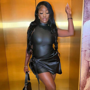 Women Faux Leather PU Bodycon Midi Mini Dress Suit with Tie Up Skirt Matching Two 2 Piece Set Outfits 2022