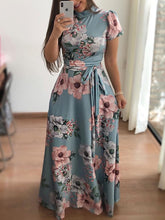 Load image into Gallery viewer, Women Summer Short Sleeve Flower Print Long Dress Casual Slim Sashes O-neck High Waist Robe Party Maxi Vestidos Plus Size 2022