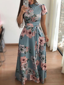 Women Summer Short Sleeve Flower Print Long Dress Casual Slim Sashes O-neck High Waist Robe Party Maxi Vestidos Plus Size 2022
