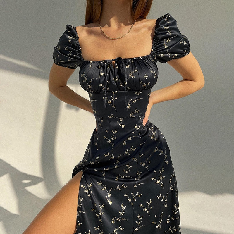 New Women's Short Sleeve Square Neck Printed Sexy Dress Irregular Midi Dress