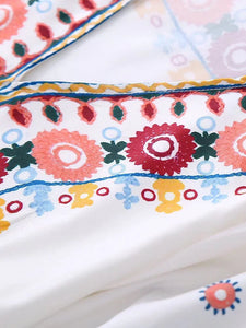 White V Neck Print Shirt Suit High Waisted Elastic A-Line Skirt Set