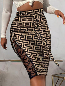 New Vintage Print Lace-up Hip skirt Women Fashion Sexy Side Slit Zipper A-line Skirt Spring Summer Elegant Commuter Office Skirt