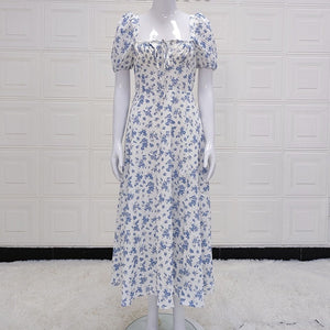 Summer Fashion Female Printed Floral short Sleeve Vintage A-line Midi Dress Chiffon Dress Women Casual Dresses