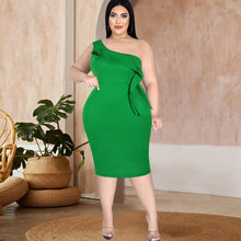 Load image into Gallery viewer, Green Dresses One Shoulder Plus Size 3XL Women Knee Length Ruffles Birthday Evening Party Summer Curvy Dress Cocktail Outfits