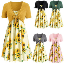 Load image into Gallery viewer, Women Sunflower Print Dress Summer Knotted Short Sleeve Tunic Tops A Line Midi Dress Female Fashion Beach Party Two Pieces Dress