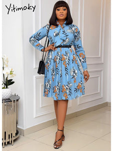 Women Printed Pleated Dress Long Sleeves with Bowtie Floral Knee Length Elegant Office Ladies Classy Fashion African Female New